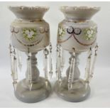 Pair of French hand painted milk glass Opaline Mantle LUSTRES with cut prisim droplets, apart from