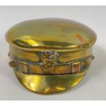 WW1 TRENCH ART brass snuff tin designed in peaked cap form - dimensions 7cm wide x 3cm depth -
