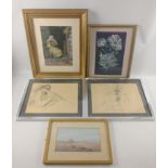A mixture of five paintings to include two pencil drawings by Duncan Brown, a Framed watercolour