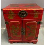 ORIENTAL decorative red and gold traditional floral design lacquered red based two door and one