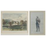 Two vintage prints, the first of a golfer, initialled TH 1885 (possibly St Andrews) frame 30x25cm,