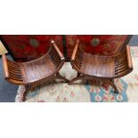 A pair of super quality mahogany cross-over LYRE seats - dimensions 72 width x 36 depth x 55 height