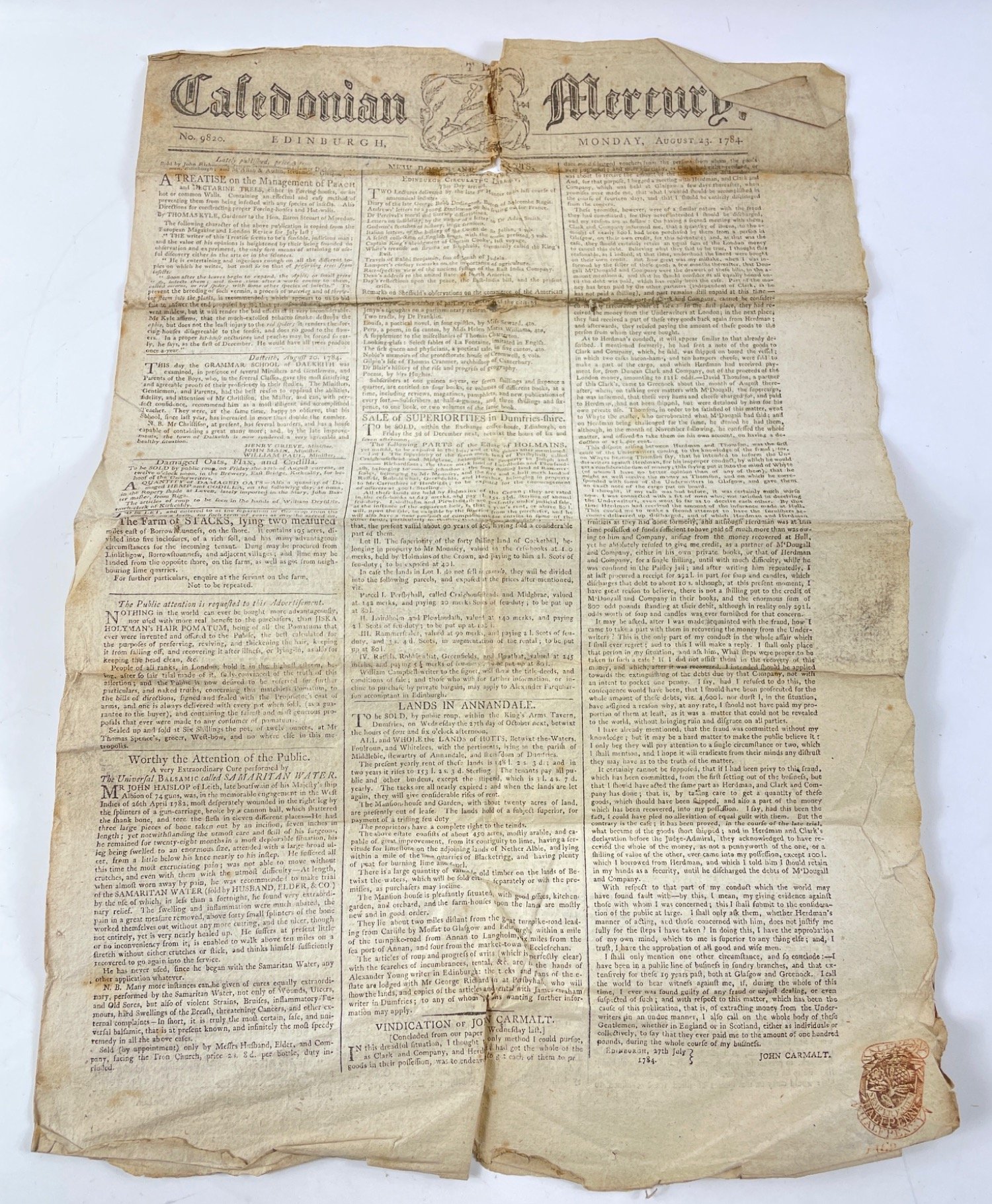 An antique newspaper - THE CALEDONIAN MERCURY from August 23rd 1784 complete with front page