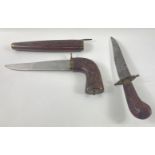Two Indian carving knives one in a carved wooden sheath, total length 30cm the other without a