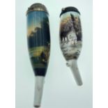 Two antique country scene ceramic pipes the larger 15cm, the other 12cm