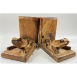 A pair of wooden 'burnt' effect hand carved frog bookends - UNUSUAL! - dimensions 15cm wide x 15cm