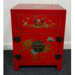 ORIENTAL decorative red and gold traditional floral design lacquered red based two door and one
