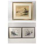 A pair of ORIENTAL artworks on silk signed by JAMES in matching frames, 44x37cm, visible work