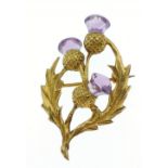 375 stamped yellow gold SCOTTISH THISTLE brooch set with three amethyst stones depicting the