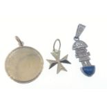 A 375 stamped Hallmarked pendant disc 1.93g, 375 stamped Maltese cross pendant, 925 stamped