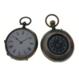 Two fob watches, the first by LONGINES (no 175256) is stamped 'Warranted fine silver', has a black