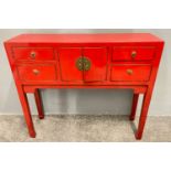ORIENTAL decorative red and black traditional design lacquered red based two door and two drawer