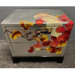 ORIENTAL decorative silver and floral lacquered based 2 drawer side cabinet - unused item in storage