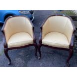 Two nice easy chairs in gold/ yellowish fabric with Queen Anne style legs