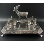 A STUNNING 1920's EP desk inkwell set by silversmith JD and S stamp - the stag antler has been