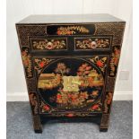 ORIENTAL decorative red and gold traditional design lacquered black based 2 door and two drawer