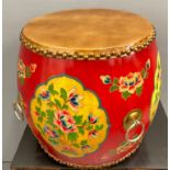 ORIENTAL decorative yellow/gold and floral lacquered red based large drum - unused item in storage