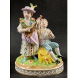 A DRESDEN (7105A) couple of a girl playing the mandolin and a boy holding a sickle, standing