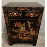 ORIENTAL decorative black and gold painted traditional design lacquered black based two door and