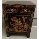 ORIENTAL decorative black and gold traditional design lacquered black based two door and two