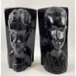 A pair of late 19th century EBONY WOOD hand carved tribal bust bookends - dimensions 23cm height x