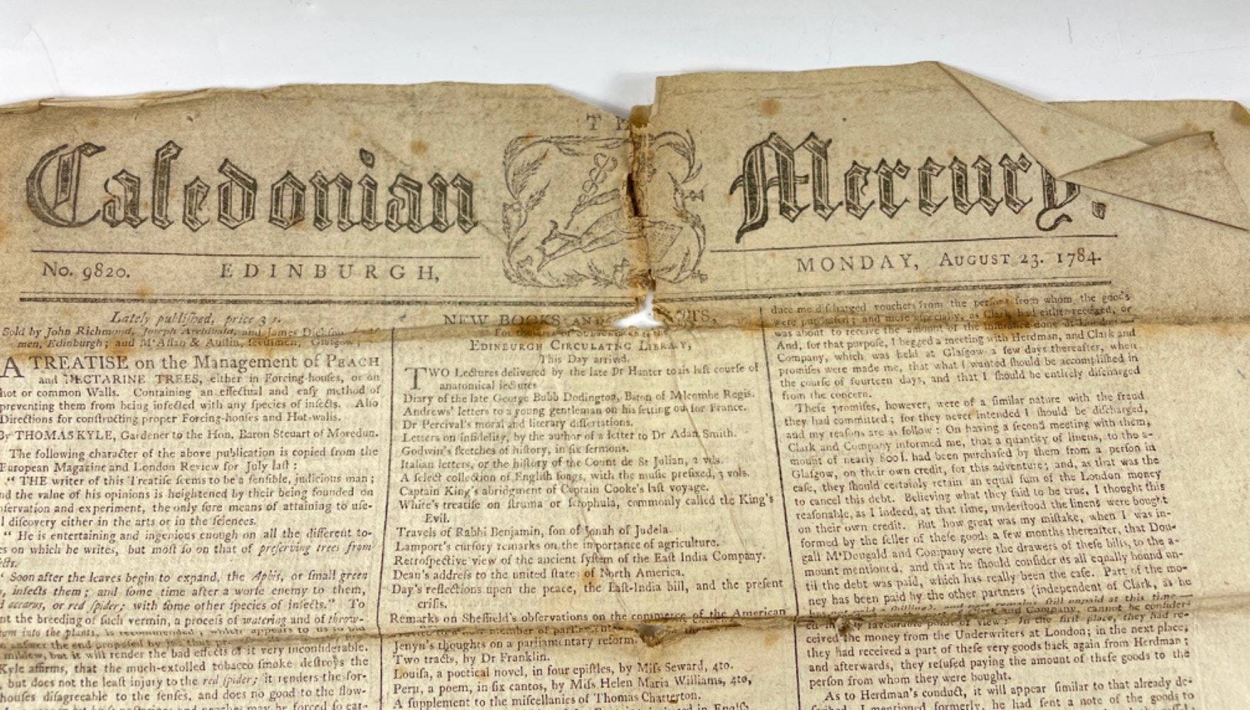 An antique newspaper - THE CALEDONIAN MERCURY from August 23rd 1784 complete with front page - Image 2 of 7