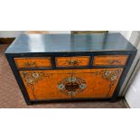An ORIENTAL HIGHLY decorative blue distressed-painted lacquered, with an orange painted design