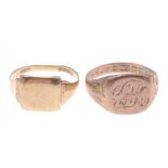 Two signet rings, one 18ct stamped Birmingham ring size Q weight 2.2g approx, the other with