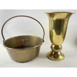 A brass large vase/planter 25cm tall with a VINTAGE large solid brass jelly pan with handle