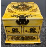 An ORIENTAL HIGHLY decorative 'daffodil-yellow' painted lacquered small three drawer and lidded