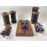 ANTIQUE MORSE CODE machine on wooden base, dimensions 18cm x 10cm approx with two smaller morse