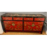 ORIENTAL decorative red gold and black lacquered based 4 drawer and 4 cupboard door sideboard -