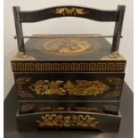 ORIENTAL decorative black and gold lacquered based drawer carry-handle cabinet - unused item in