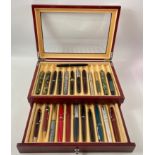 Modern 23 slot quality wooden Pen collectors cabinet complete with 24 vintage mainly fountain pens