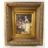 An oil print of a young woman picking flowers in a garden, within a SUBSTANTIAL gilt frame -