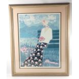 A large colourful print by signed artist Katherine ? surname indistinct subject youmg lady with