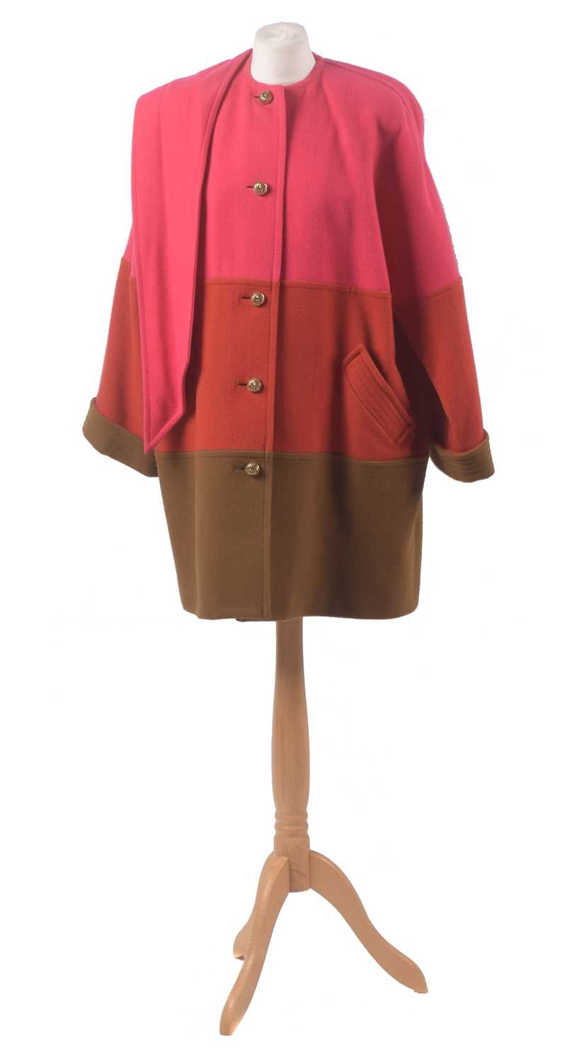 A tri-colour wool coat by Caroline Charles,