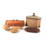 George III mahogany tobacco box, spinning top and pencil box
