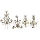 Two three-branch cut glass electric pendant chandeliers and lamps.