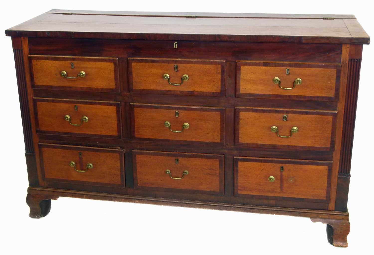 Early 19th-century oak and mahogany crossbanded Lancashire chest.