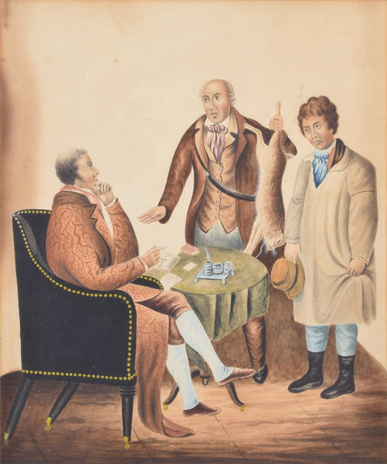 English School (18th/19th century) Interior scene with three figures in discussion