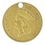 USA, One Dollar, 1856, gold pierced coin.