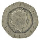 Elizabeth II 20p piece, 2008 undated error coin.