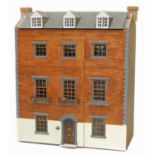 Dolls house in the form of a Georgian four-story townhouse with furniture and figures.