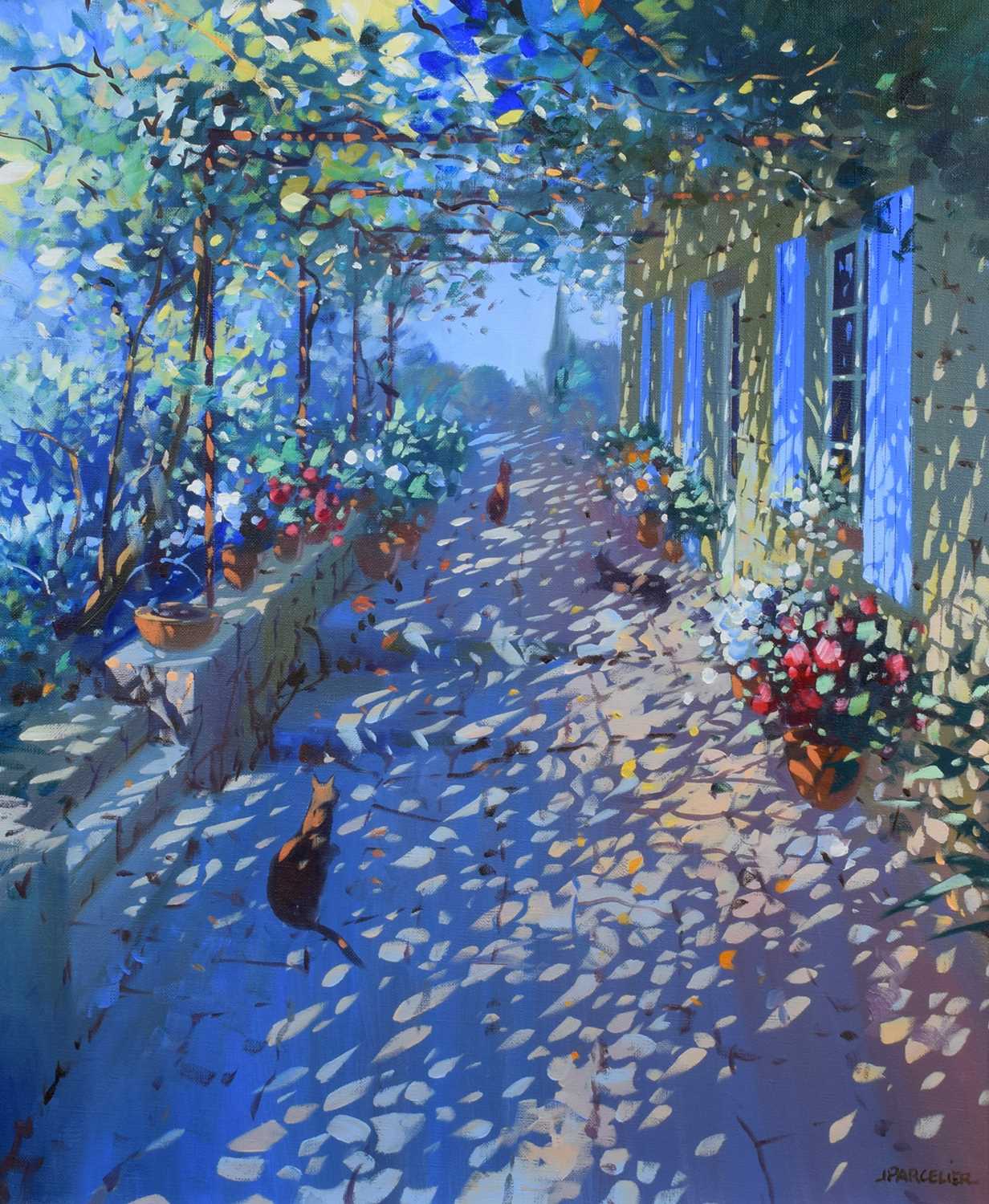 Laurent Parcelier (French 1962-) Sun dappled terrace with cats