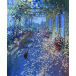 Laurent Parcelier (French 1962-) Sun dappled terrace with cats