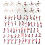 Fifty seven metal British infantry soldiers by J. Hill and Co. and twelve mounted troopers.