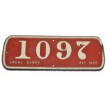 Crewe Works Locomotive Cabside Numberplate LNWR number 1097, May 1920