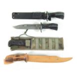 Two SA80 bayonets, a carved wood copy and a survival knife