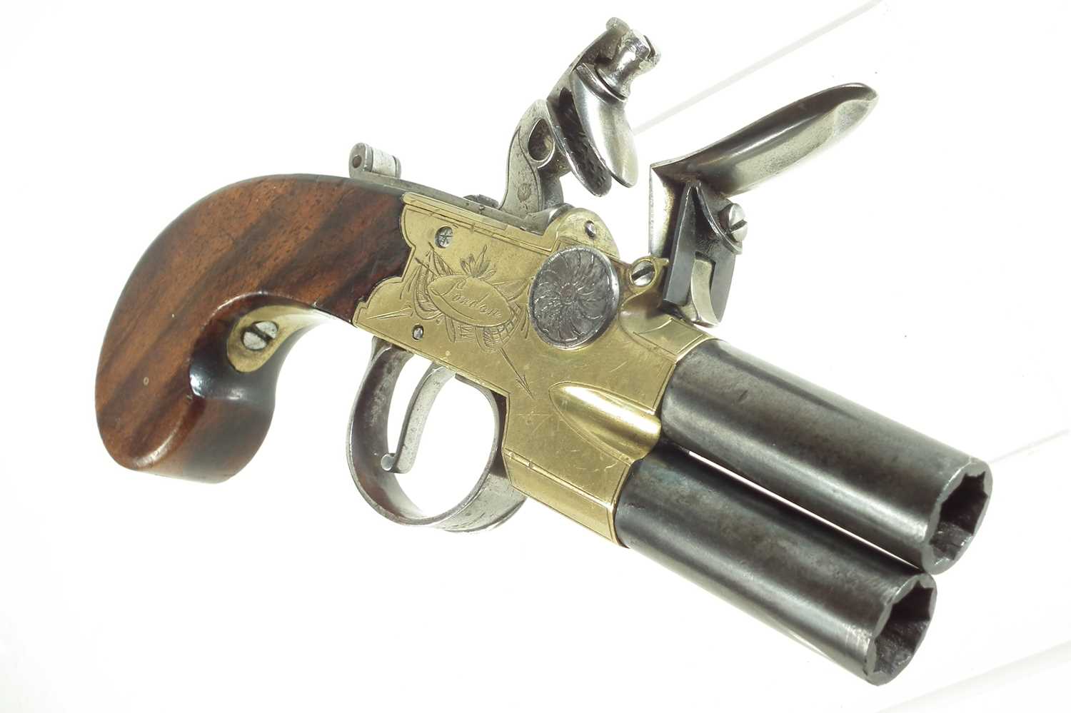 Flintlock double barrel pistol by Brasher of London - Image 2 of 7